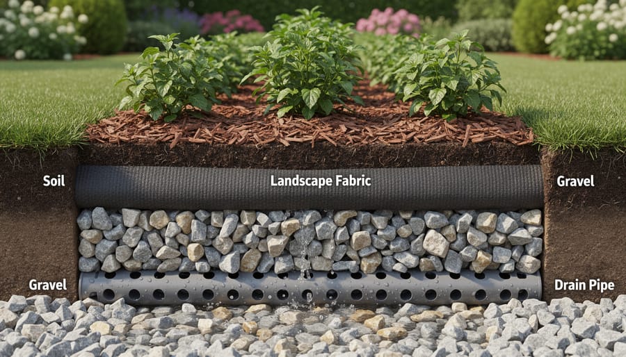 Cross-section of drainage system showing pipe, gravel, and landscape fabric layers