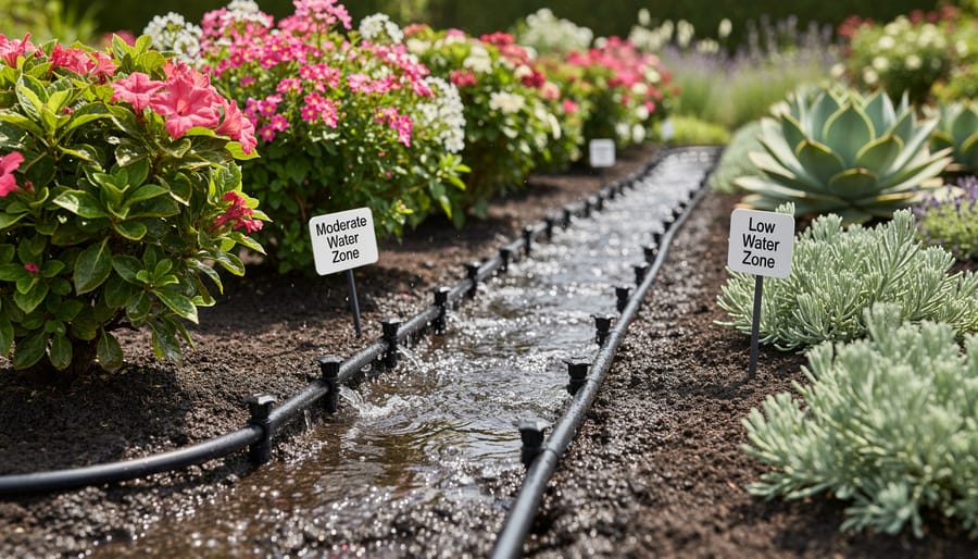Close-up of drip irrigation emitter watering soil in garden bed