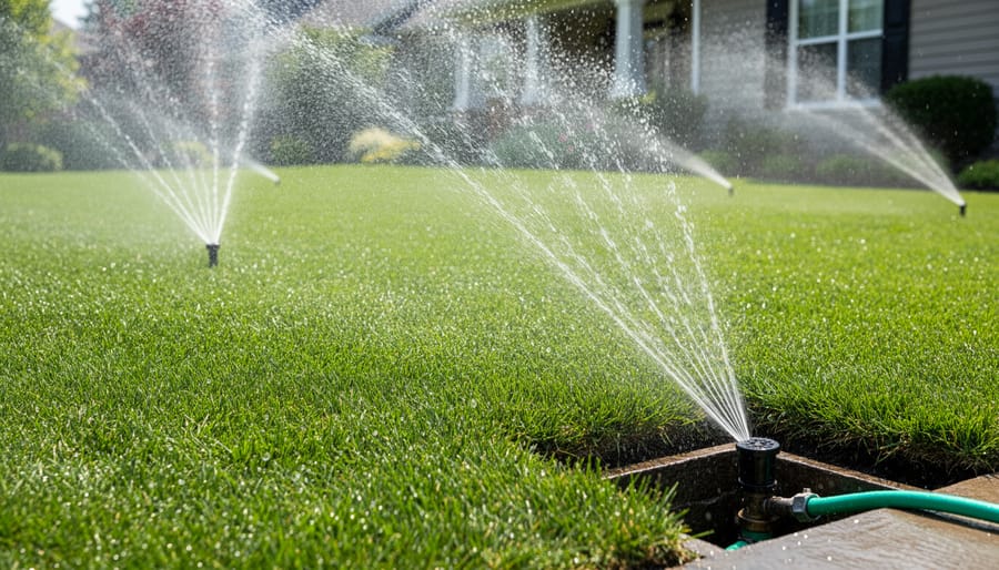 Well-watered green lawn with evenly functioning sprinkler system creating overlapping spray patterns