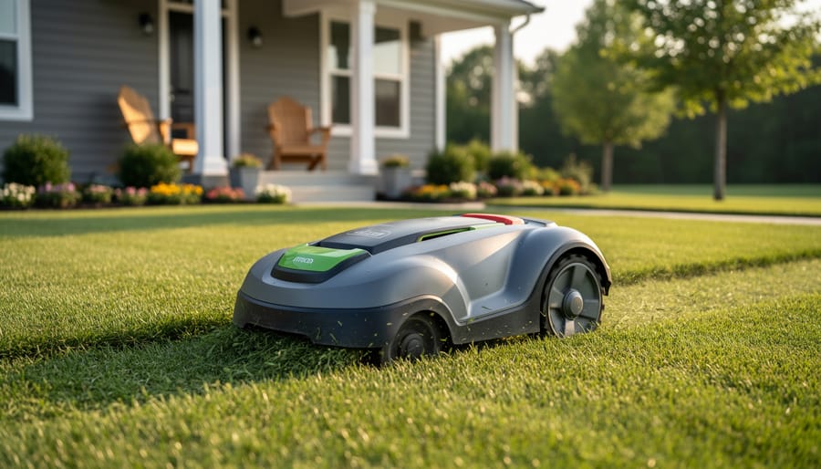 Low-angle view of a compact electric robotic lawn mower cutting a green suburban lawn at golden hour, with a blurred porch and a person holding iced tea in the background.