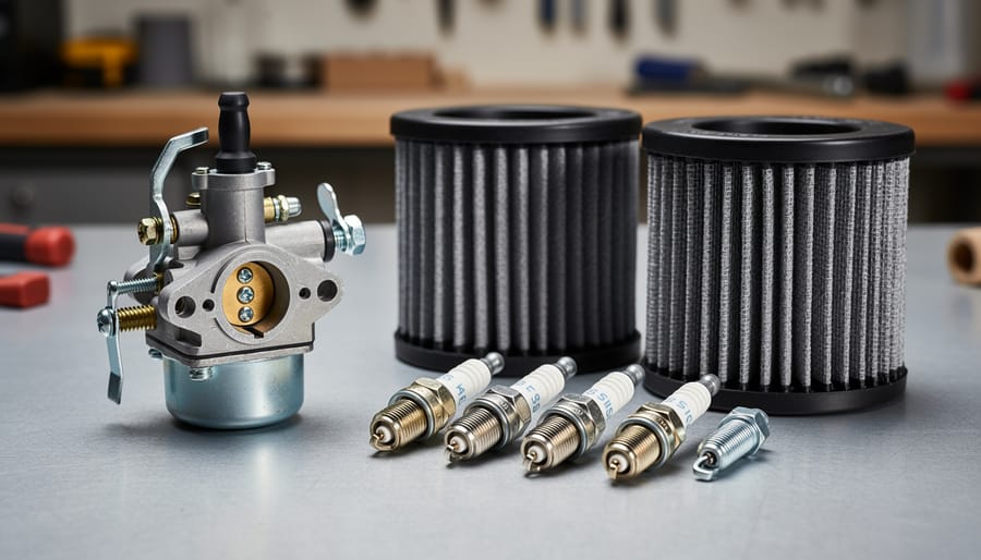 Collection of common lawn mower engine parts including carburetor, air filter, and spark plug