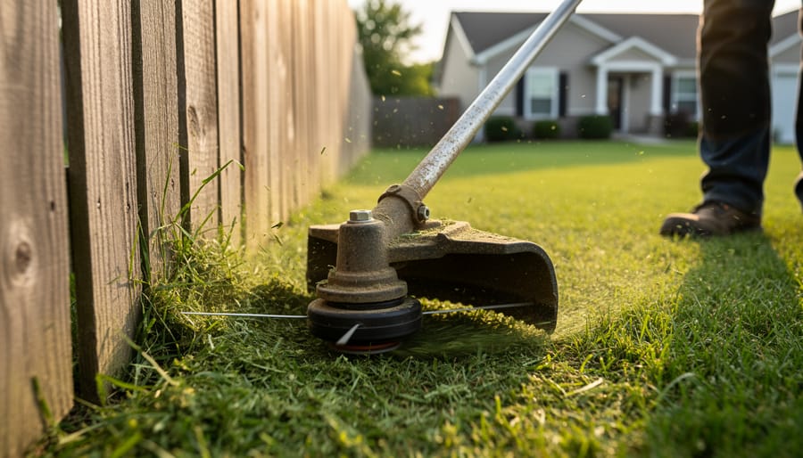 Person using string trimmer with fixed line head along residential fence line