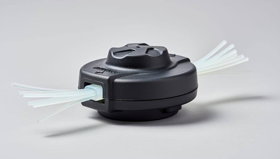 Close-up of fixed line trimmer head showing housing and protruding trimmer line segments