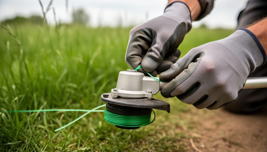 Gloved hands threading trimmer line through the eyelets of a fixed line trimmer head on a string trimmer, with a softly blurred lawn in the background.