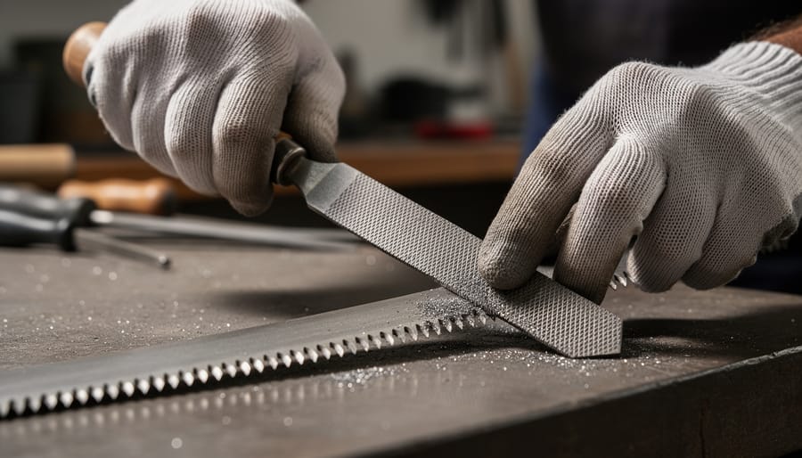 Gardener using mill file to sharpen hedge trimmer blade on workbench