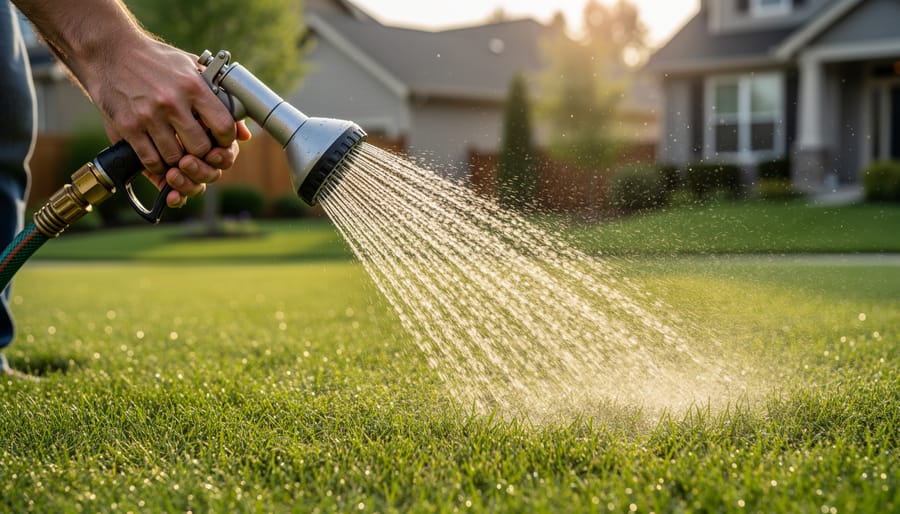 Person using adjustable nozzle to hand water green lawn with fine spray pattern