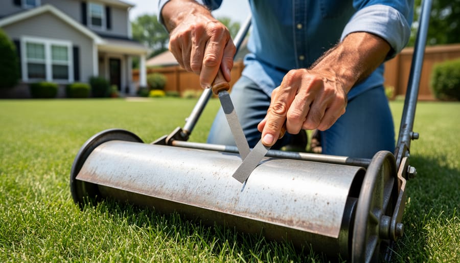 Person using handheld file to sharpen reel mower bedknife in workshop