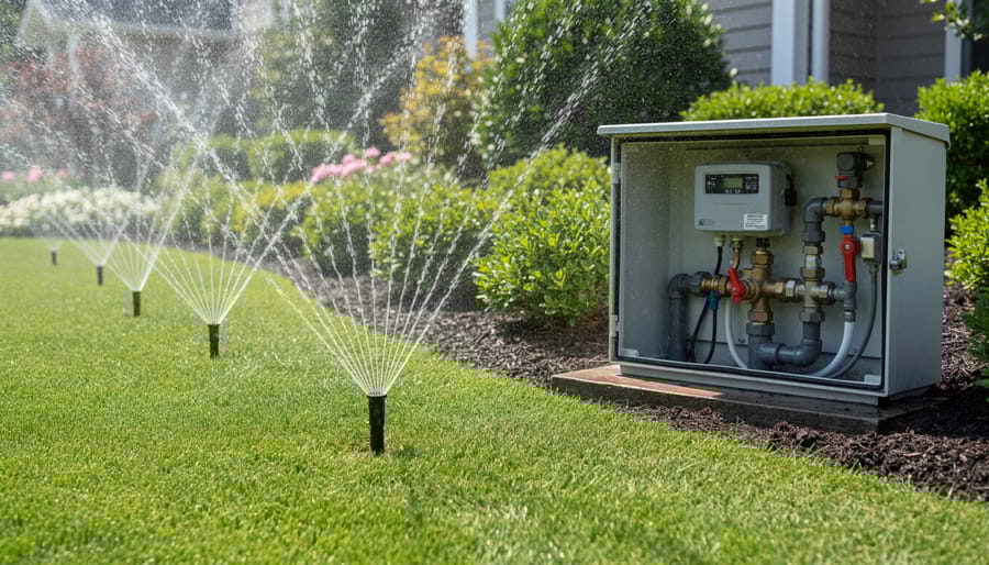 Healthy green residential lawn with functioning sprinkler system