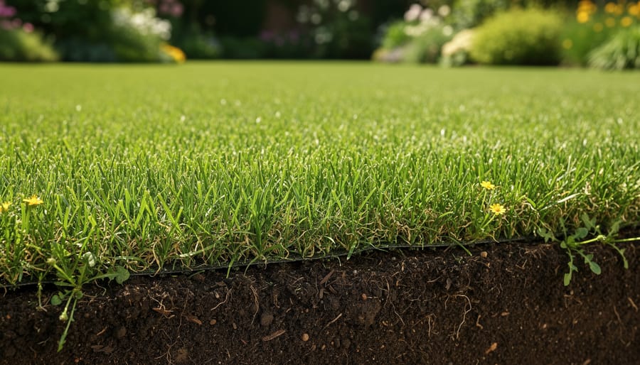 Close-up of healthy dark soil with organic matter and grass roots
