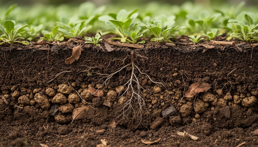 Cross-section view of healthy soil showing organic matter, earthworm, and grass roots