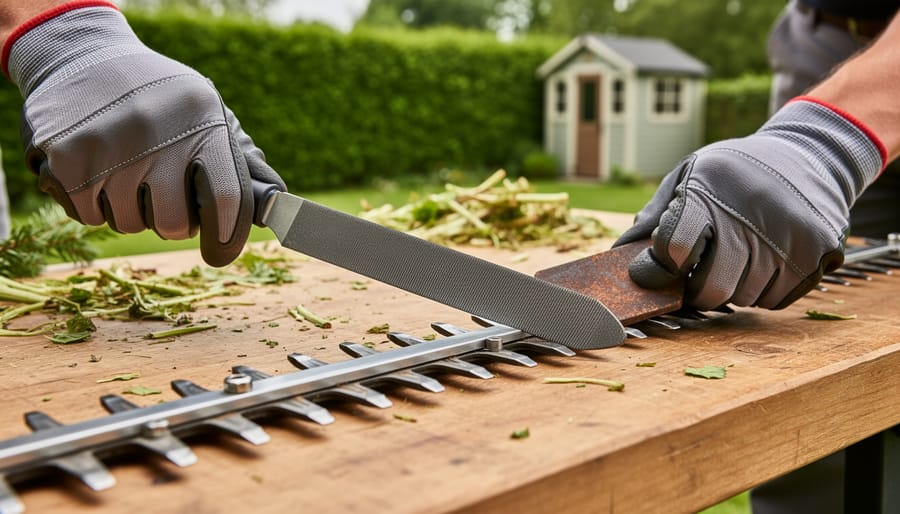 Close-up of gloved hands sharpening the teeth of a double-sided hedge trimmer with a flat file on an outdoor workbench, under soft diffused daylight, with a blurred green hedge and small garden shed in the background.