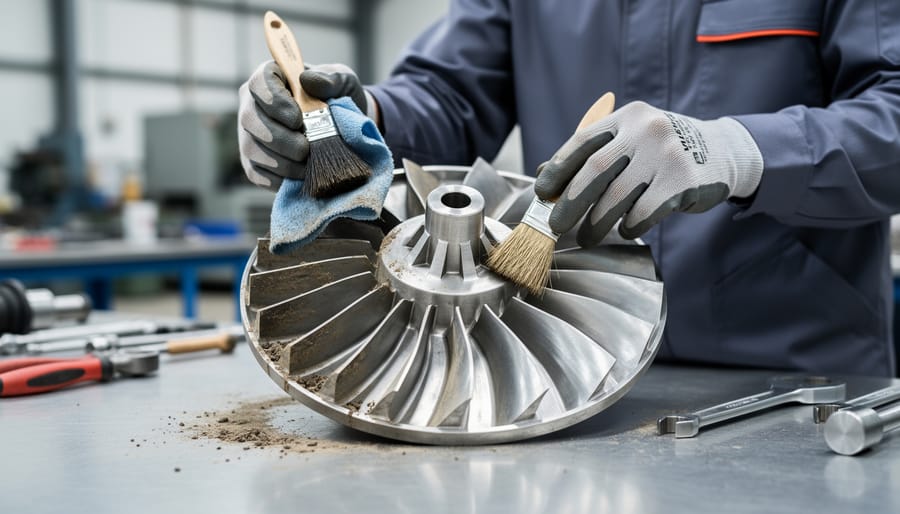 Person cleaning leaf blower impeller with brush outdoors during maintenance
