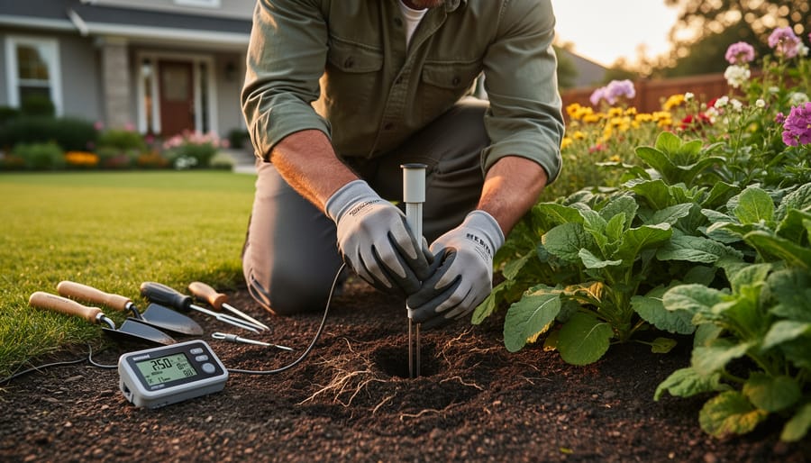 Person installing soil moisture sensor probe into lawn with hand trowel