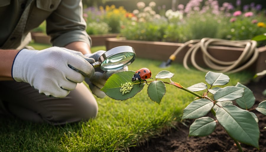 Gardener kneeling on a green lawn uses a hand lens to inspect a rose leaf where a ladybug is feeding on aphids, with soft daylight and blurred raised beds and flowers in the background.
