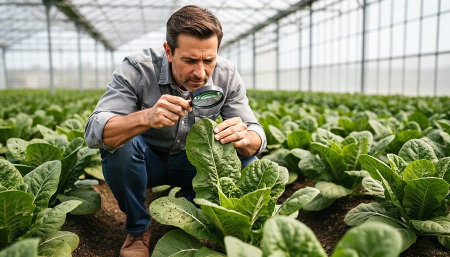 Gardener's hands using magnifying glass to examine plant leaves with beneficial ladybug