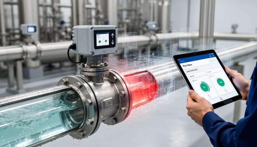 Irrigation flow sensor showing internal turbine mechanism on main water line
