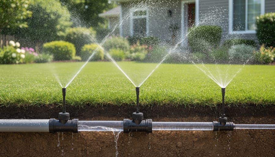 Various sizes of irrigation pipes in foreground with active sprinkler system spraying water on lawn