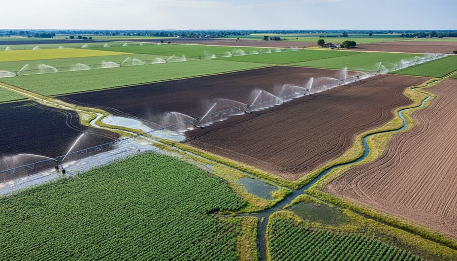 Multiple irrigation sprinkler heads watering different zones of residential lawn