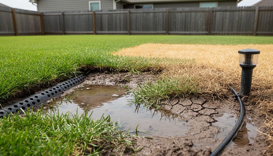 Lawn showing both standing water puddles and dry brown patches demonstrating drainage and irrigation problems