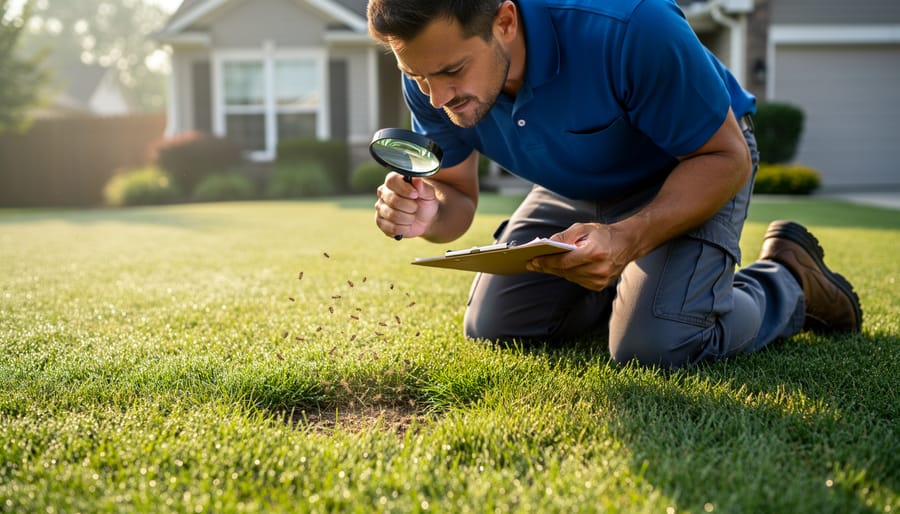 Homeowner inspecting lawn grass closely with magnifying glass for pest monitoring