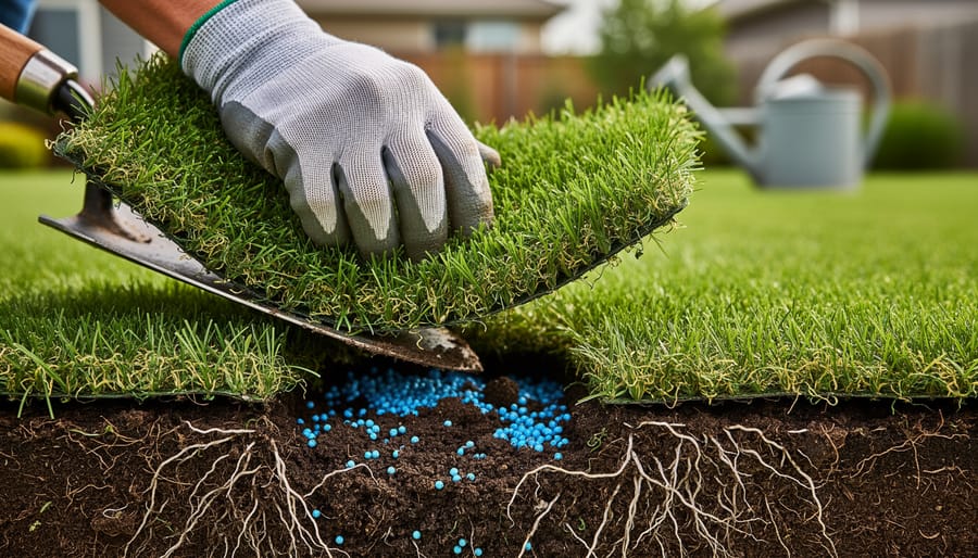 Close-up, eye-level photo of a gardener holding a spade-cut slice of lawn revealing dark, crumbly soil with dense roots and scattered blue fertilizer granules, with a softly blurred backyard and watering can in the background.