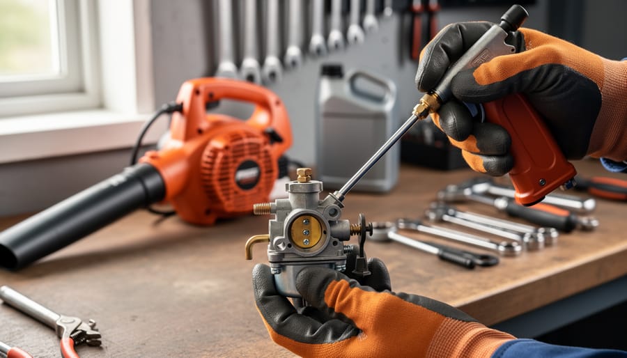 Gloved hands use a compressed air nozzle to clear the jets of a small leaf blower carburetor on a clean workbench, with the orange blower and a green fuel can softly blurred in the background under natural side light.