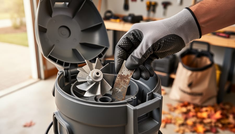 Gloved hand fitting a new metal impeller into an open leaf vacuum housing on a workbench, with tools, collection bag, and autumn leaves softly blurred in the background.