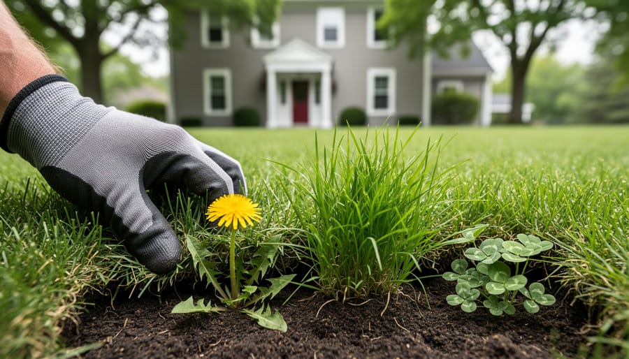 Gloved hand separating grass to reveal dandelion, crabgrass, and clover in a suburban New England lawn, with a clapboard house softly blurred behind.