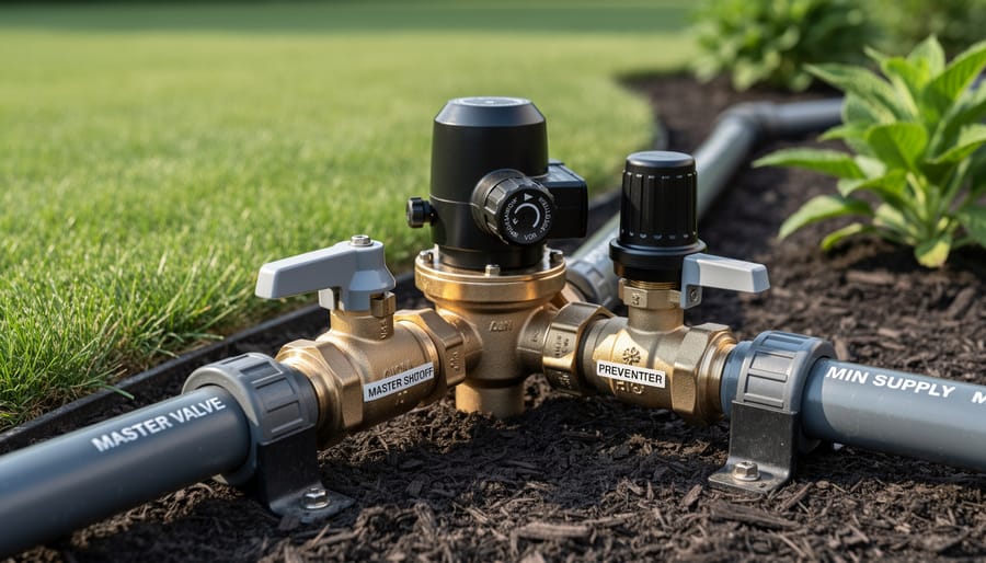 Close-up of brass master irrigation valve with solenoid and wiring in valve box