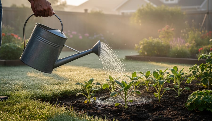 Homeowner hand watering lawn with watering wand during early morning golden hour