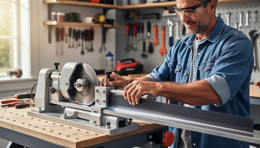 Mounted bedknife grinding system set up on workbench for precision sharpening