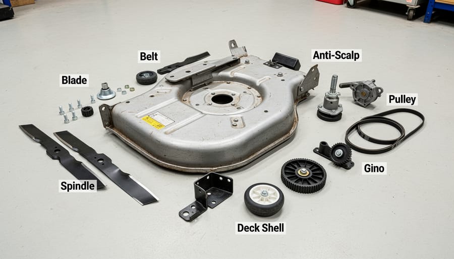 Close-up view of lawn mower cutting deck showing spindle, blade mount, and pulley assembly
