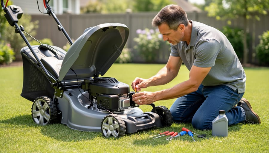 Person performing routine maintenance on 2-stroke lawn mower engine