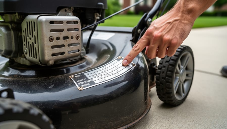 Close-up of hands pointing to lawn mower model and serial number identification plate