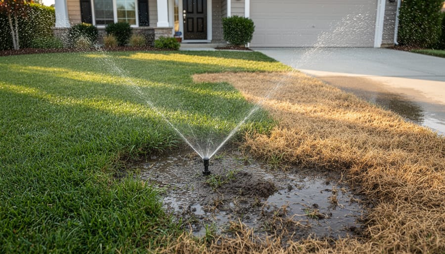 Comparison of overwatered brown patchy lawn area next to healthy green grass