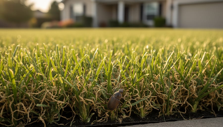 Ground-level close-up of a dense tall fescue and perennial ryegrass lawn with a small billbug beetle moving away along the thatch edge, lit by warm golden hour sunlight with a blurred suburban house in the background