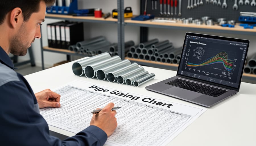 Hands consulting irrigation reference materials over various diameter PVC pipes on workbench