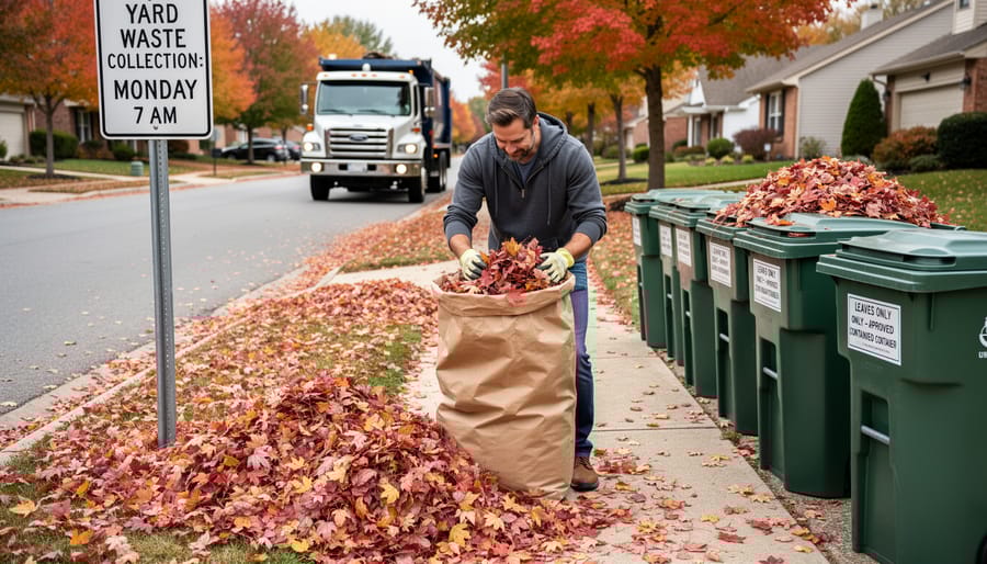 Paper yard waste bags filled with fall leaves properly placed at curb for municipal collection