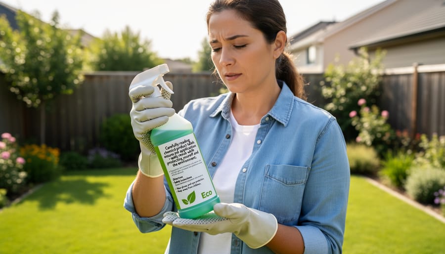 Person wearing protective gear reading pesticide label before lawn application