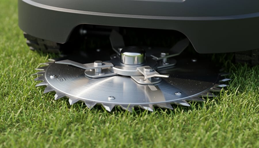 Close-up of pivoting robotic mower blade mounted on circular disc assembly