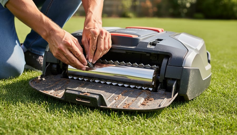 Close-up of robotic lawnmower blade assembly during maintenance