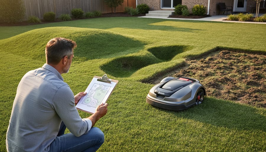 Robotic lawnmower operating on sloped lawn with obstacles
