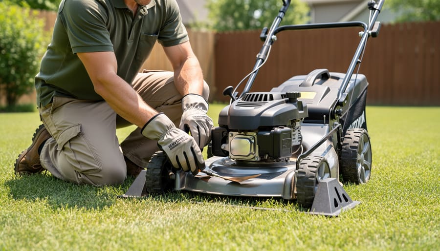 Gloved hands safely holding robotic mower on its side for blade maintenance