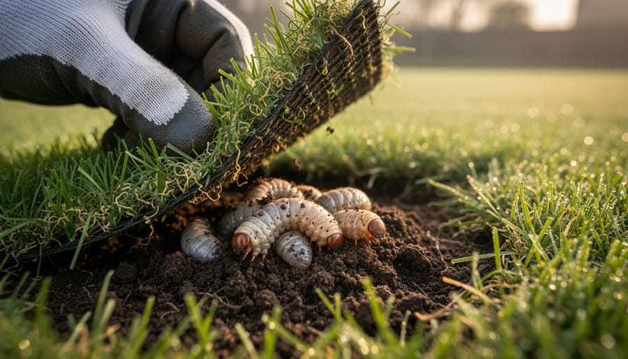Close-up of a gloved hand lifting a turf flap to expose several C-shaped white grubs in dark soil, with a blurred lawn showing irregular brown patches in early morning light.