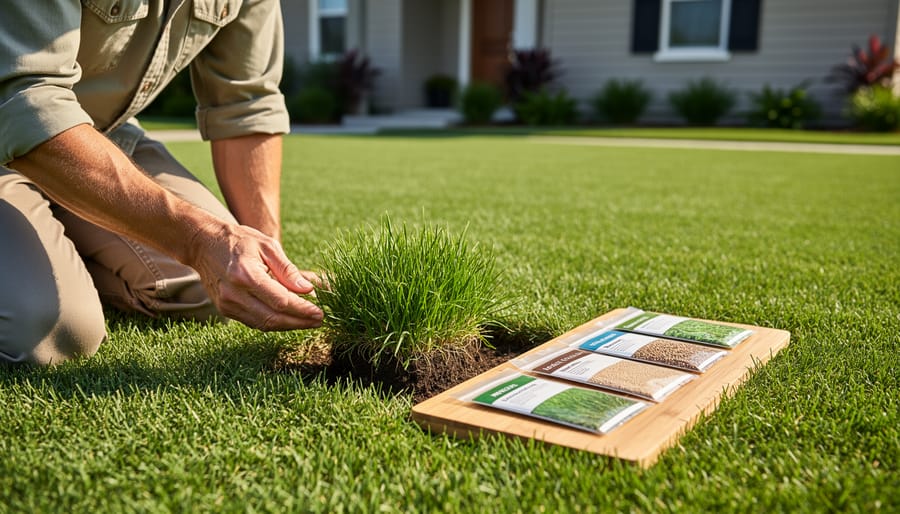 Homeowner examining quality grass seed for planting pest-resistant lawn