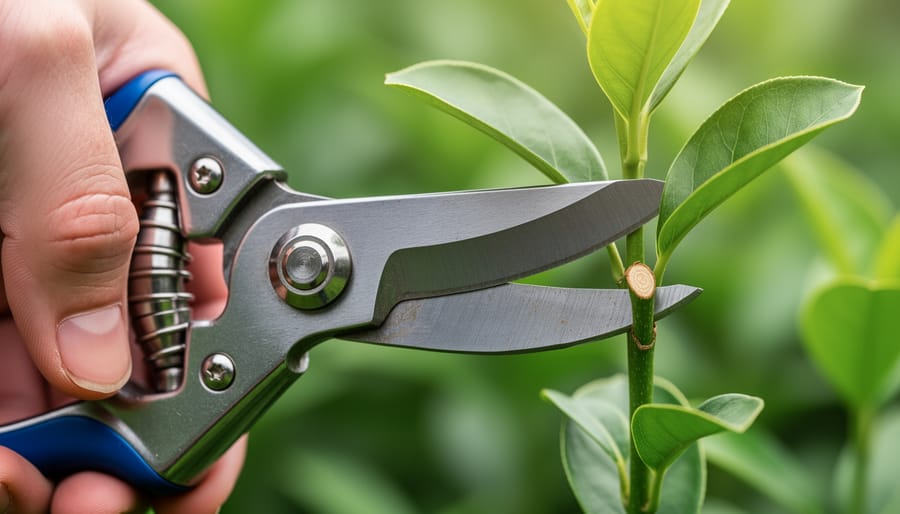 Sharp hedge trimmer blade making clean cut through green hedge branch