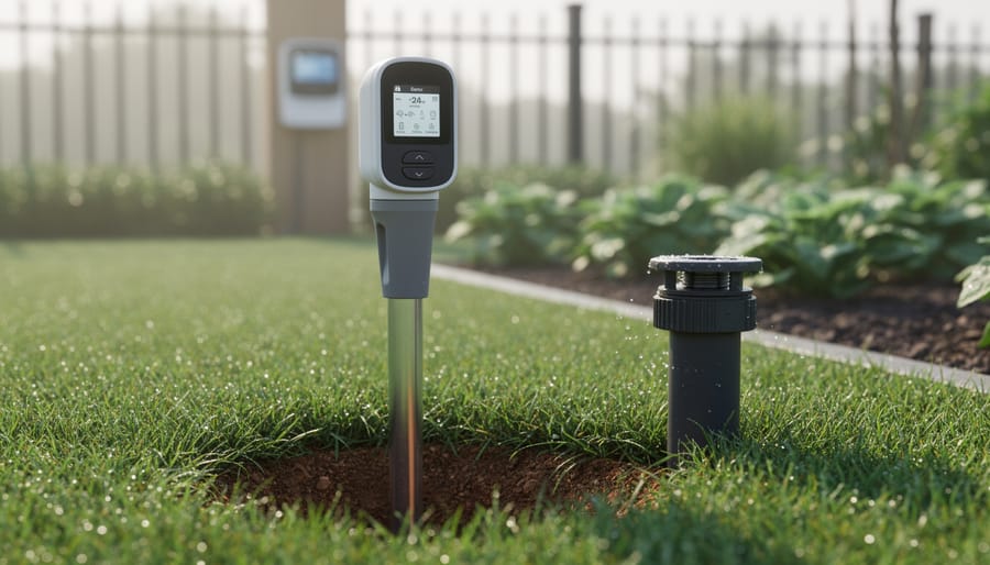 Close-up of a soil moisture sensor probe in green lawn beside an idle sprinkler head, with a blurred smart irrigation controller and garden beds in the background under soft daylight.