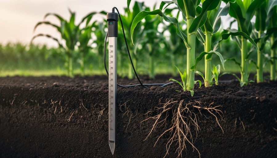 Close-up of soil moisture sensor probe installed in healthy lawn grass and soil