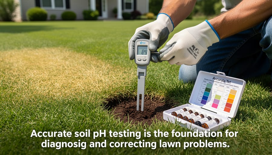 pH testing equipment including strips and meter placed on soil next to grass blades