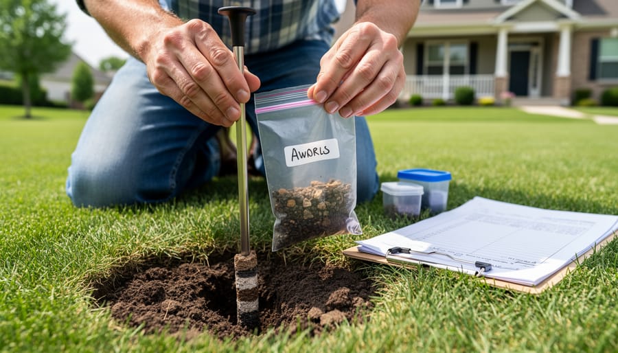 Person using soil probe to collect sample from lawn for CEC testing